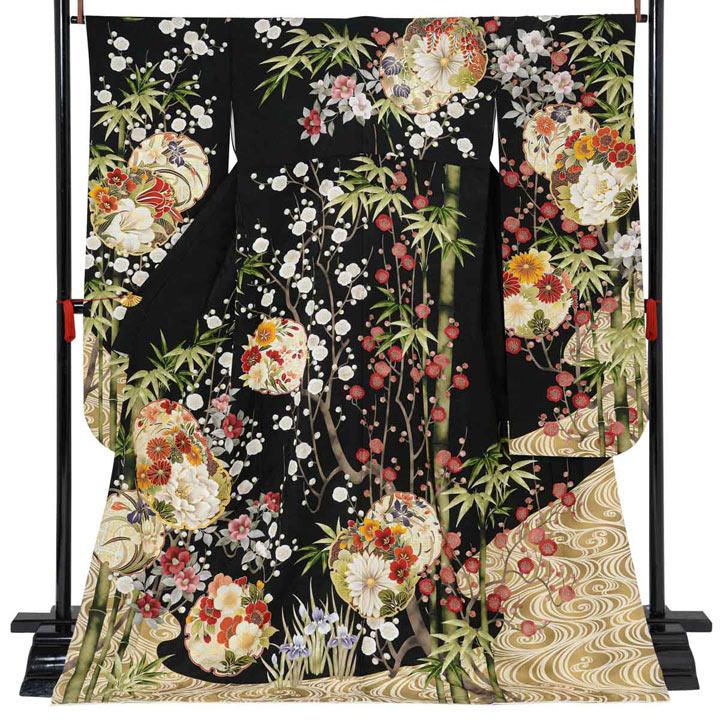 未仕立て 振袖 22点セット「PRIME 黒 雪輪に竹梅椿」仮絵羽 振り袖