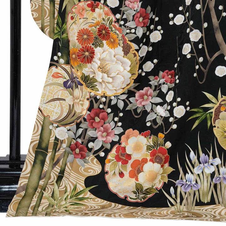 未仕立て 振袖 22点セット「PRIME 黒 雪輪に竹梅椿」仮絵羽 振り袖