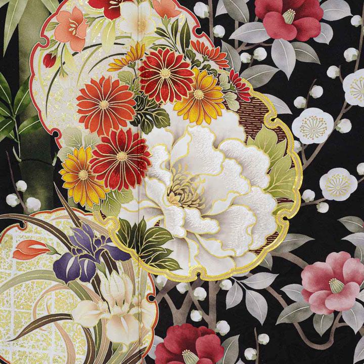 b966 正絹　振袖　仮絵羽　金箔　椿　未仕立て　極美品　着物 未仕立て 振袖 22点セット「PRIME 黒 雪輪に竹梅椿」仮絵羽 振り袖