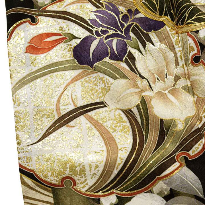 b966 正絹　振袖　仮絵羽　金箔　椿　未仕立て　極美品　着物 未仕立て 振袖 22点セット「PRIME 黒 雪輪に竹梅椿」仮絵羽 振り袖