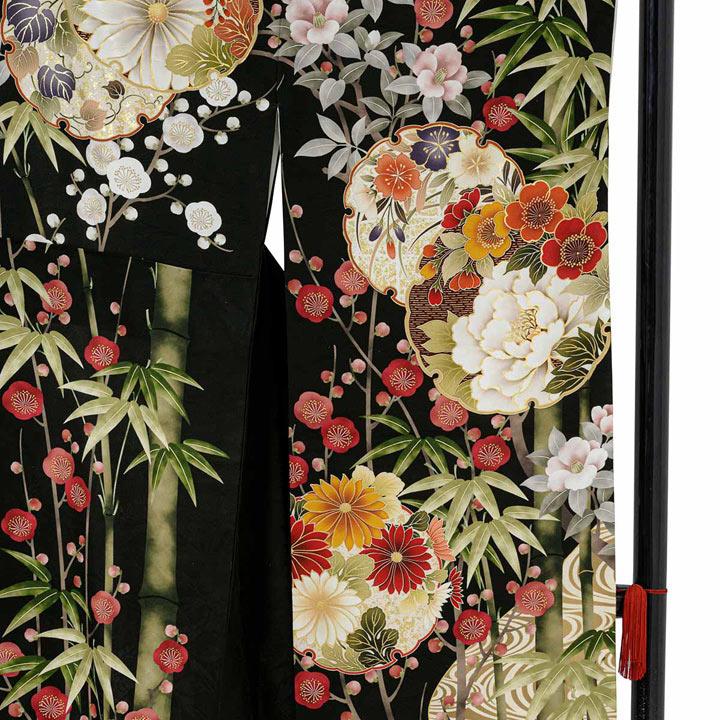 未仕立て 振袖 22点セット「PRIME 黒 雪輪に竹梅椿」仮絵羽 振り袖