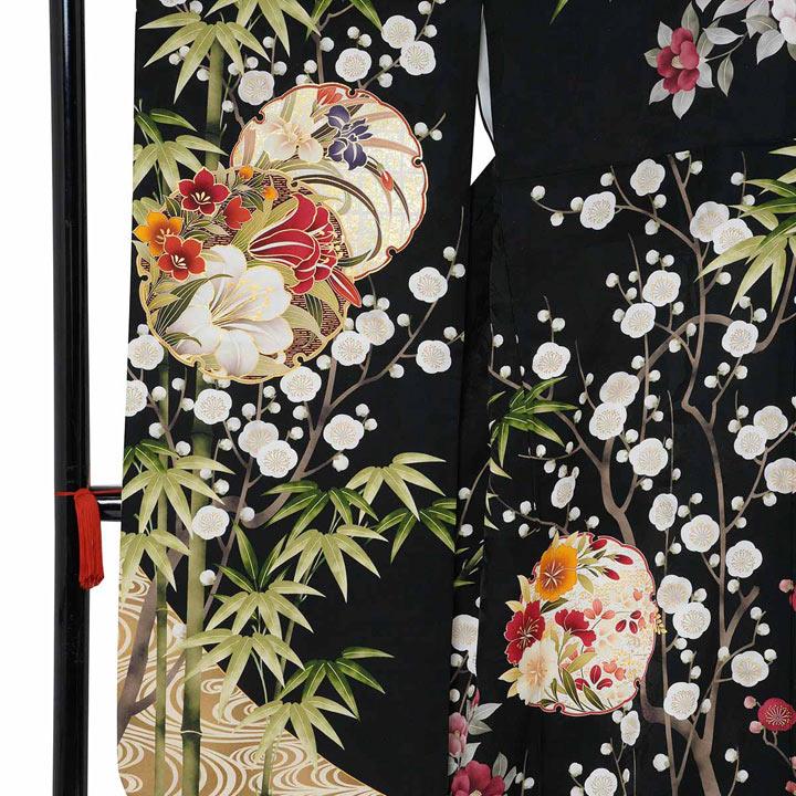 未仕立て 振袖 22点セット「PRIME 黒 雪輪に竹梅椿」仮絵羽 振り袖