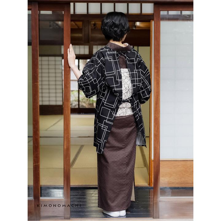 KIMONOMACHI ロング丈 割烹着「黒地 スクエア」実用的 日本製 オシャレ