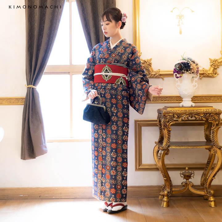 袋帯　アンティーク　唐草模様　縦縞模様　ブルー　ワインレッド　着物　101t 袋帯 アンティーク 唐草模様 縦縞模様 ブルー ワインレッド 着物 101t