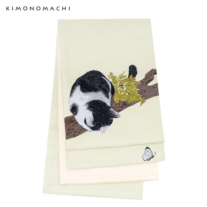 KIMONOMACHI 京袋帯 単品 数量限定 オリジナル「アイボリー ぶち猫と蝶