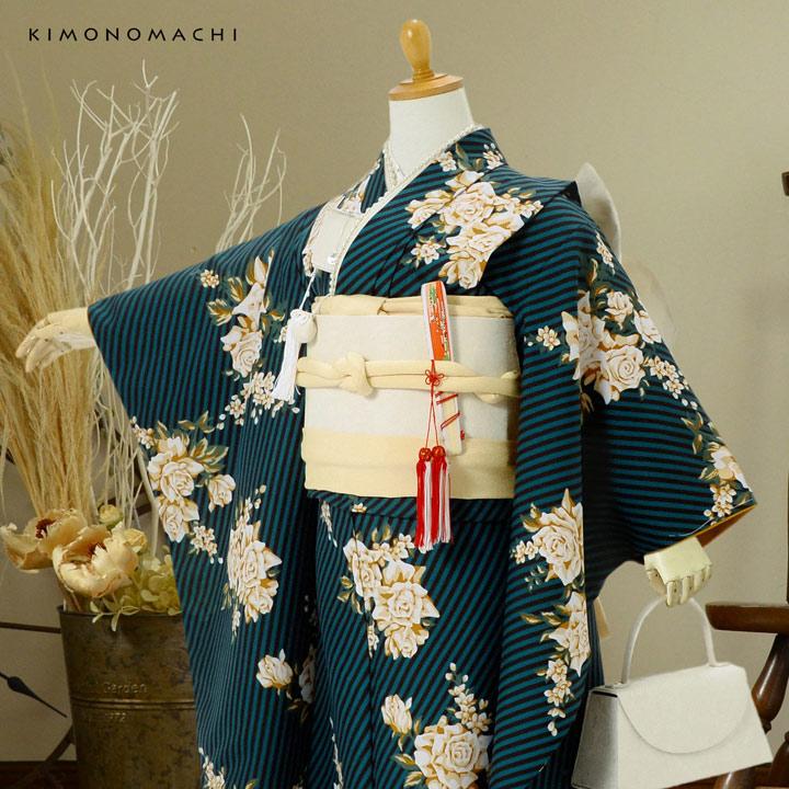 七五三 7歳 四つ身着物 単品「ストライプブーケ グリーン」女の子 7才 女児用 子供着物 七才のお祝い着向け KIMONOMACHI オリジナル(メール便不可)の画像