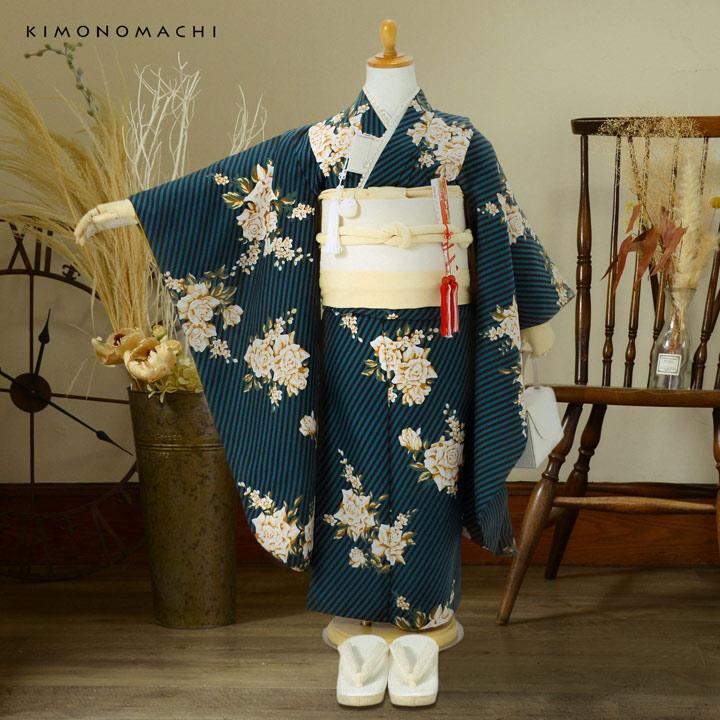 七五三 7歳 四つ身着物 単品「ストライプブーケ グリーン」女の子 7才 女児用 子供着物 七才のお祝い着向け KIMONOMACHI オリジナル(メール便不可)の画像