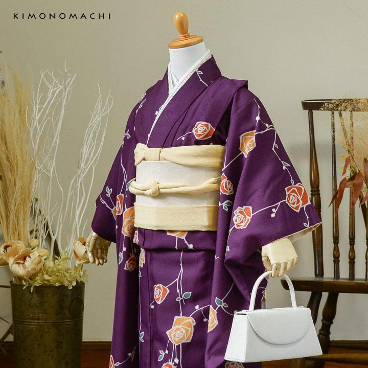 七五三　7歳　女の子　藤色　薄紫　四つ身　着物　作り帯　セット　753 七歳 KIMONOMACHI 七五三 7歳 四つ身着物 単品「ばら 紫色」女の子 7才 女児