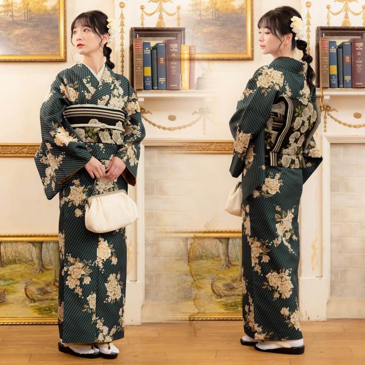 KIMONOMACHI 洗える着物 袷着物単品「ストライプブーケ グリーン