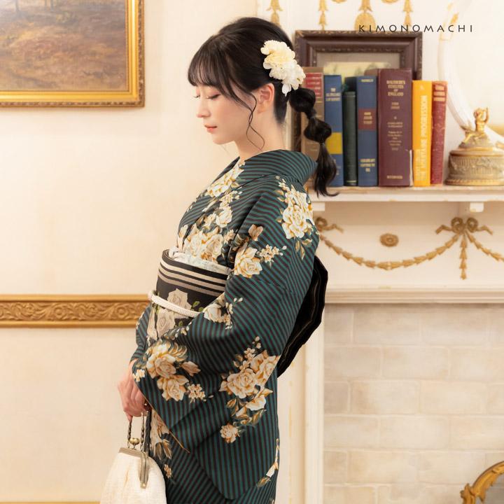 KIMONOMACHI 洗える着物 袷着物単品「ストライプブーケ グリーン