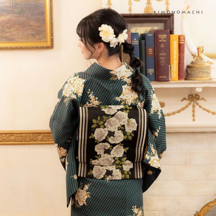 KIMONOMACHI 洗える着物 袷着物単品「ストライプブーケ グリーン
