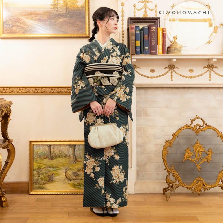 KIMONOMACHI 洗える着物 袷着物単品「ストライプブーケ グリーン
