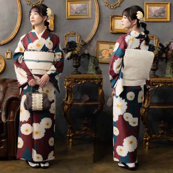 KIMONOMACHI 洗える着物 袷着物単品「矢羽根に菊 赤紫色」KIMONOMACHI