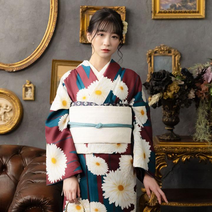 KIMONOMACHI 洗える着物 袷着物単品「矢羽根に菊 赤紫色」KIMONOMACHI