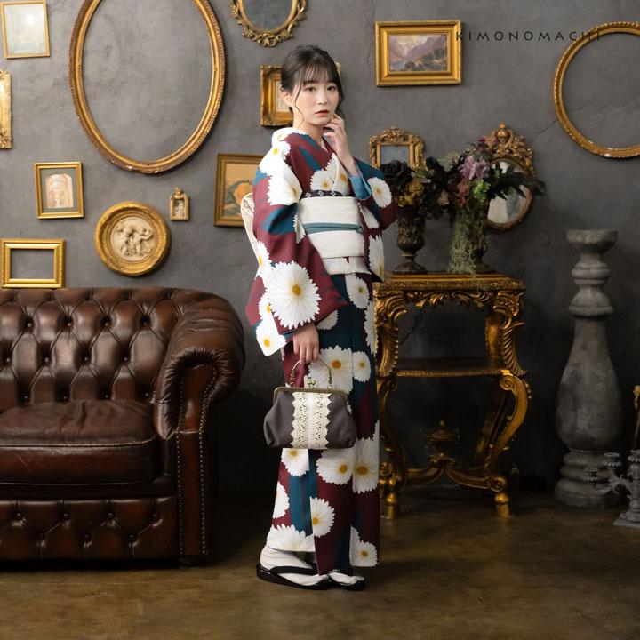 【未使用】 ケイタマルヤマ 刺繍 袷着物 炭黒 KIMONOMACHI 洗える着物 袷着物単品「ストライプブーケ プラム