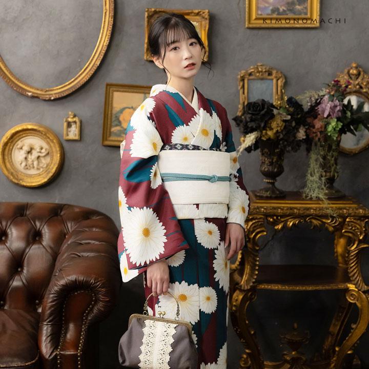 KIMONOMACHI 洗える着物 袷着物単品「矢羽根に菊 赤紫色」KIMONOMACHI