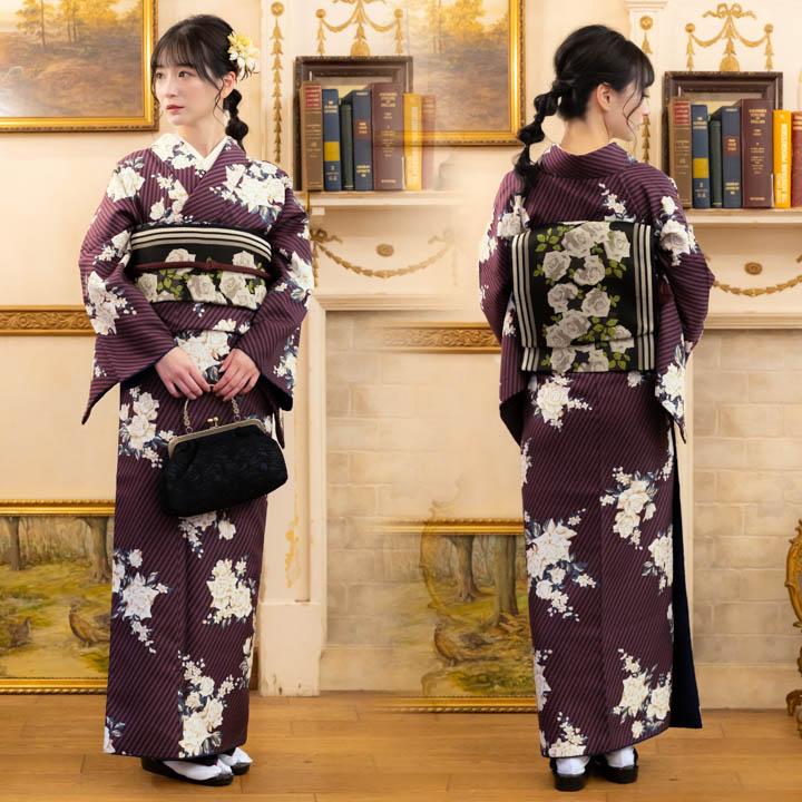 KIMONOMACHI 洗える着物 袷着物単品「ストライプブーケ プラム