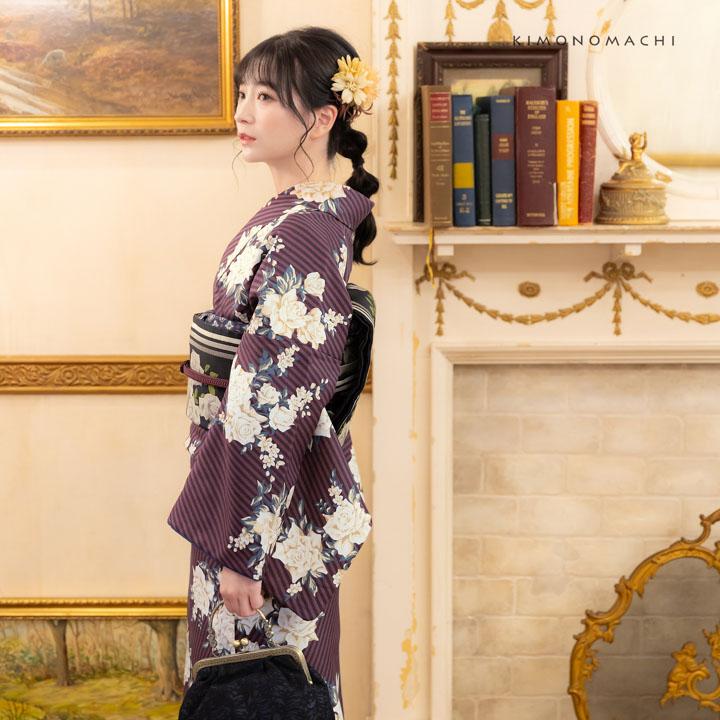 KIMONOMACHI 洗える着物 袷着物単品「ストライプブーケ プラム
