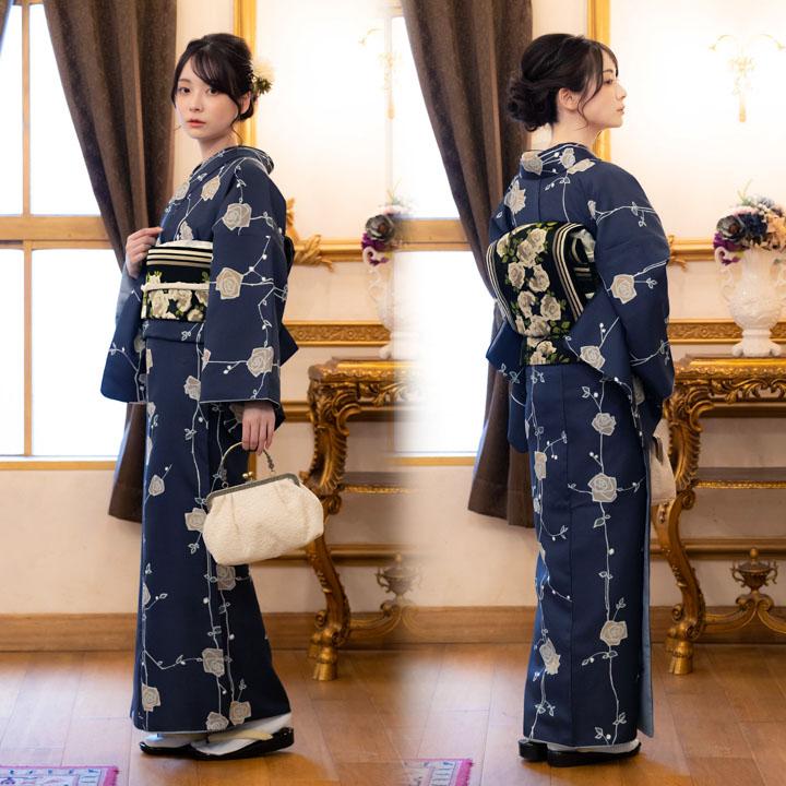 KIMONOMACHI 洗える着物 袷着物単品「ばら 墨紺色」KIMONOMACHI