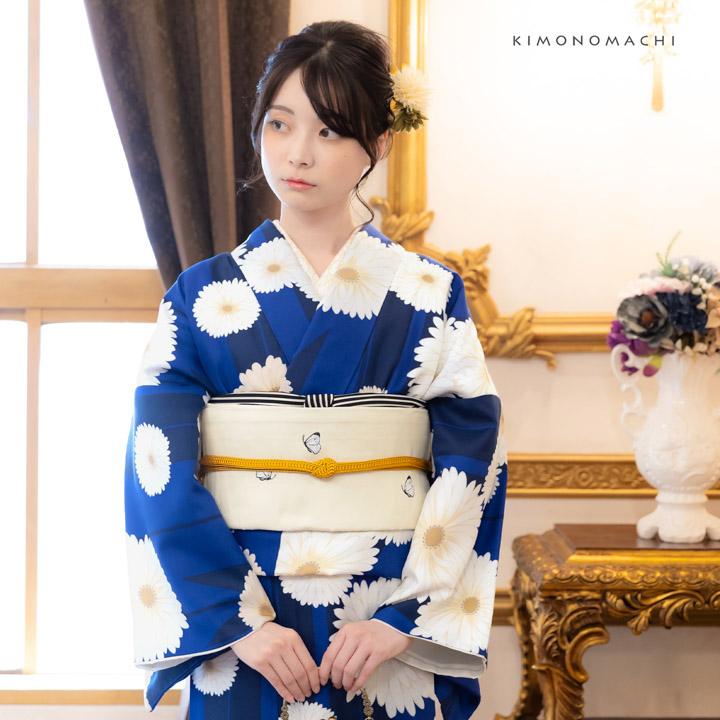 KIMONOMACHI 洗える着物 袷着物単品「矢羽根に菊 瑠璃色」KIMONOMACHI