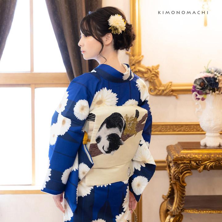 着物 二尺袖着物 単品「鶴と花紋に紗綾形 鳥の子色」KIMONOMACHIオリジナル