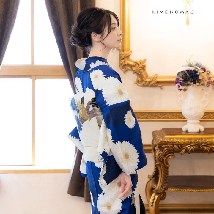 KIMONOMACHI 洗える着物 袷着物単品「矢羽根に菊 瑠璃色」KIMONOMACHI