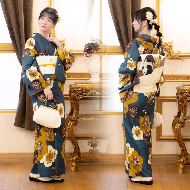 KIMONOMACHI 洗える着物 袷着物単品「梅 青緑」KIMONOMACHI オリジナル