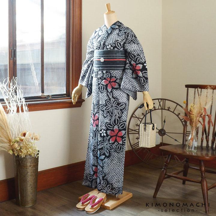 お仕立て上がり絞り浴衣単品 花しぼり「古都三浦 黒地、赤×青」有松