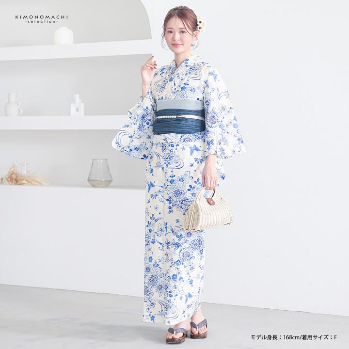 浴衣 レディース 女性浴衣 単品「オフホワイト 水色、菊に流水、蝶」F