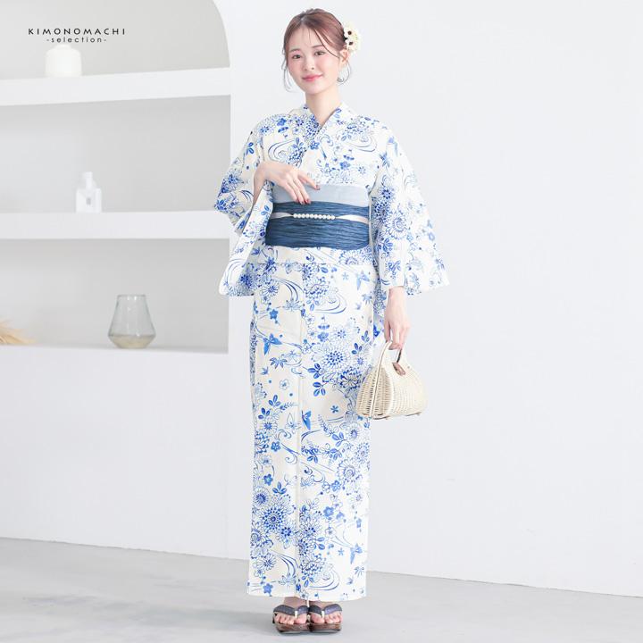 浴衣 レディース 女性浴衣 単品「オフホワイト 水色、菊に流水、蝶」F