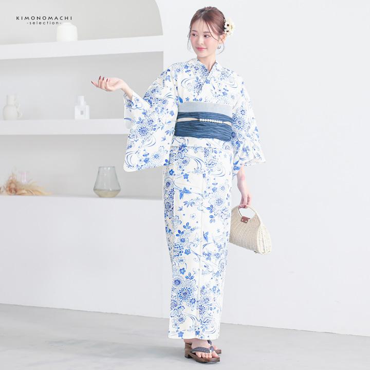 浴衣 レディース 女性浴衣 単品「オフホワイト 水色、菊に流水、蝶」F