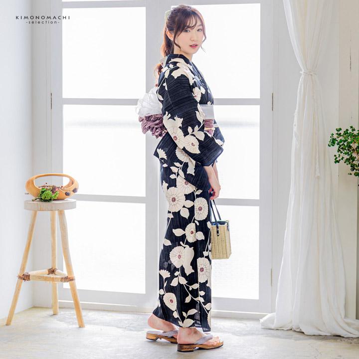 浴衣 レディース 女性浴衣 単品「黒×生成り 猫と菊」Fサイズ 綿浴衣
