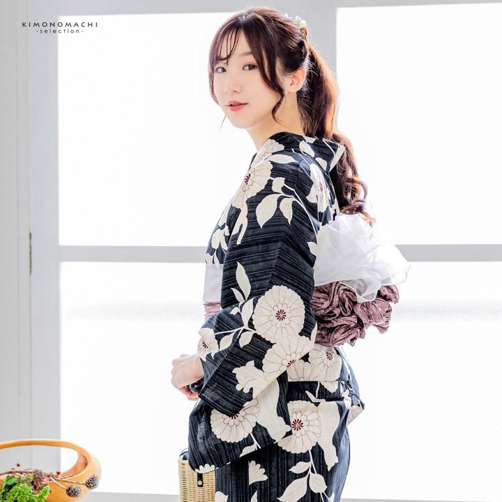 浴衣 レディース 女性浴衣 単品「黒×生成り 猫と菊」Fサイズ 綿浴衣