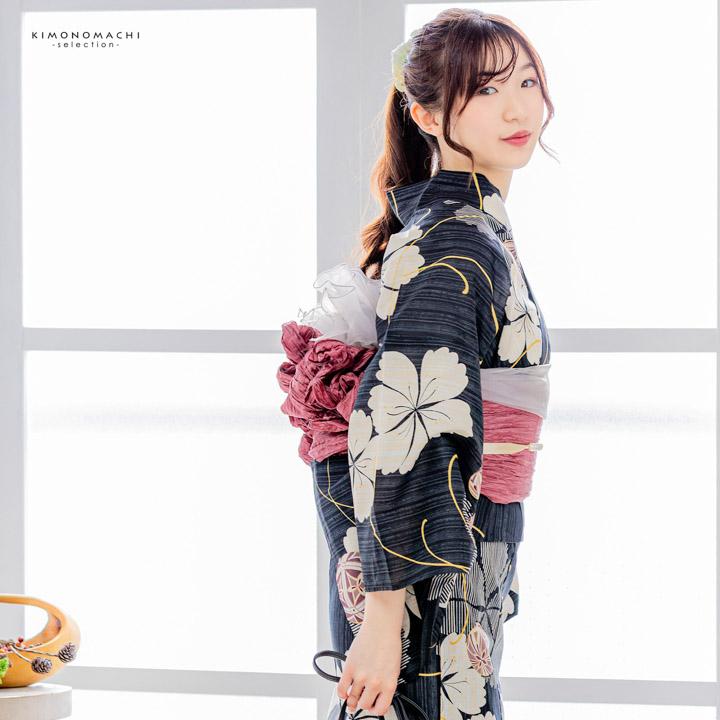 浴衣 レディース 女性浴衣 単品「黒×生成り 撫子と手鞠」Fサイズ 綿浴衣