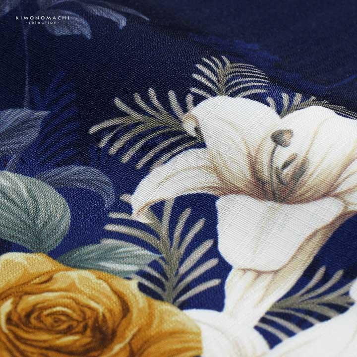 浴衣 レディース 女性浴衣単品「紺地 バラに百合、ブーケ」Fサイズ