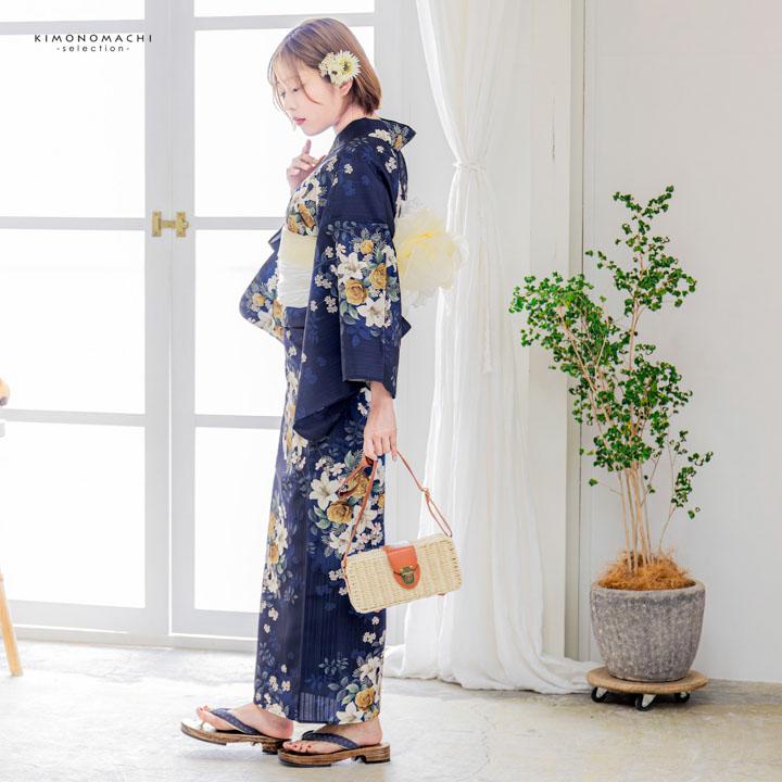 浴衣 レディース 女性浴衣単品「紺地 バラに百合、ブーケ」Fサイズ