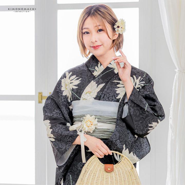 浴衣 レディース 女性浴衣単品「黒 アラベスク、ダリア」Fサイズ