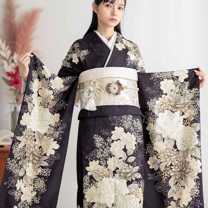 未仕立て 振袖 22点セット「黒紫 白洋花」仮絵羽 振り袖 正絹 着物