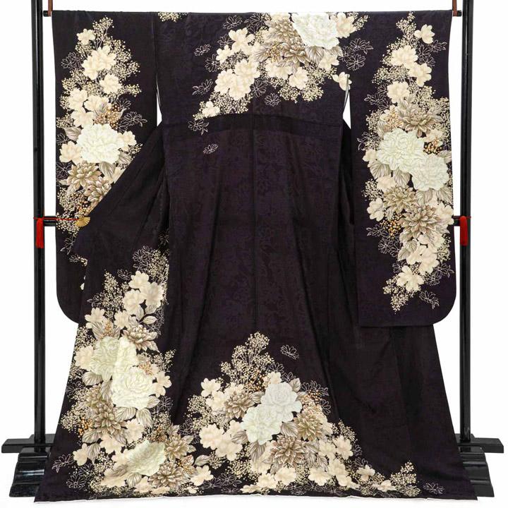 振袖2枚未仕立て 未仕立て 振袖 22点セット「黒紫 白洋花」仮絵羽 振り袖 正絹 着物
