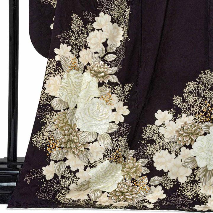未仕立て 振袖 22点セット「黒紫 白洋花」仮絵羽 振り袖 正絹 着物