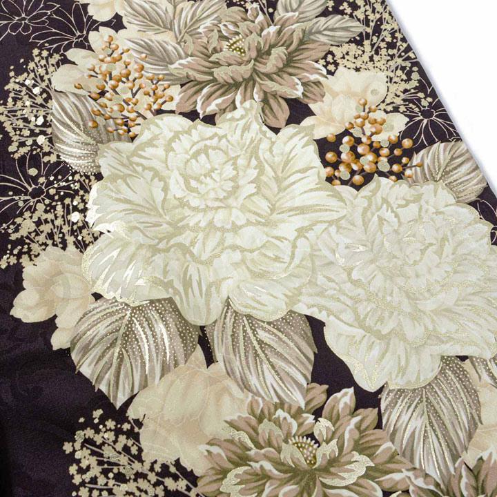 未仕立て 振袖 22点セット「黒紫 白洋花」仮絵羽 振り袖 正絹 着物