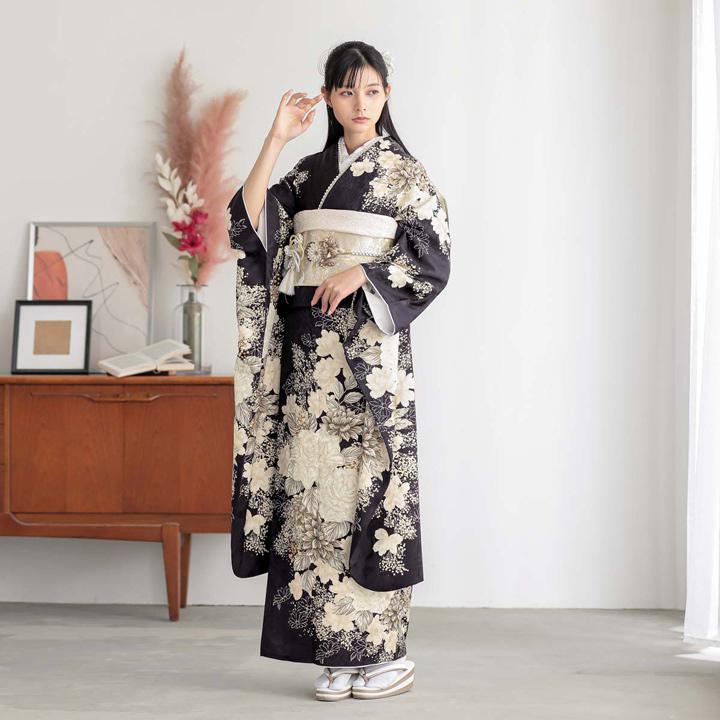 未仕立て 振袖 22点セット「黒紫 白洋花」仮絵羽 振り袖 正絹 着物