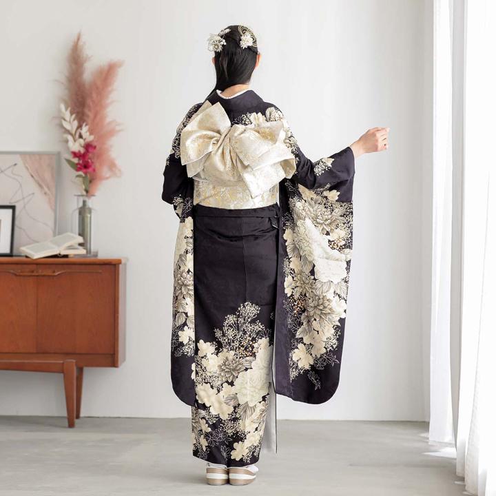 未仕立て 振袖 22点セット「黒紫 白洋花」仮絵羽 振り袖 正絹 着物