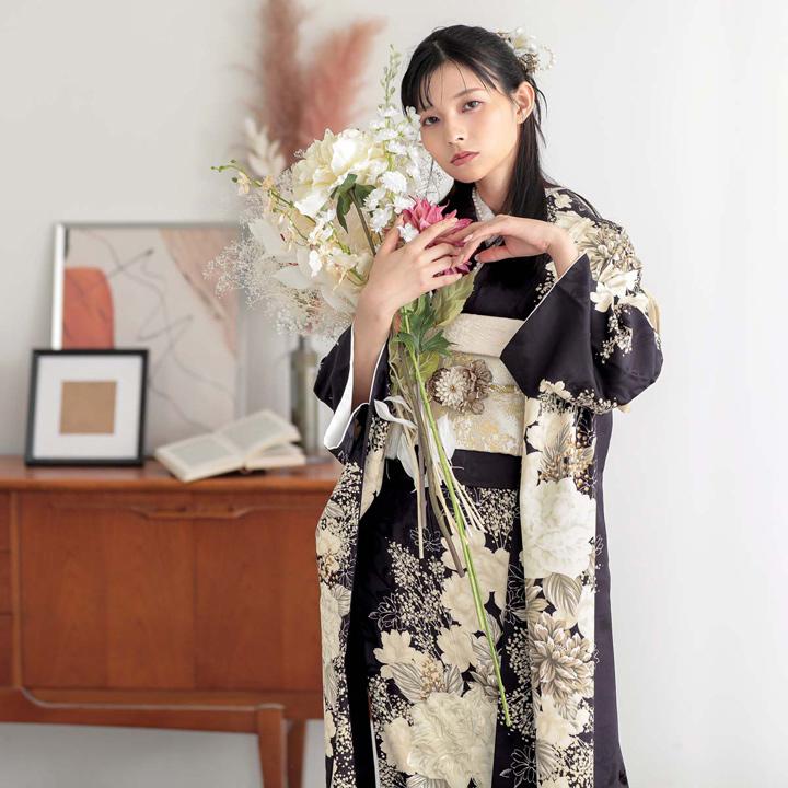 未仕立て 振袖 22点セット「黒紫 白洋花」仮絵羽 振り袖 正絹 着物