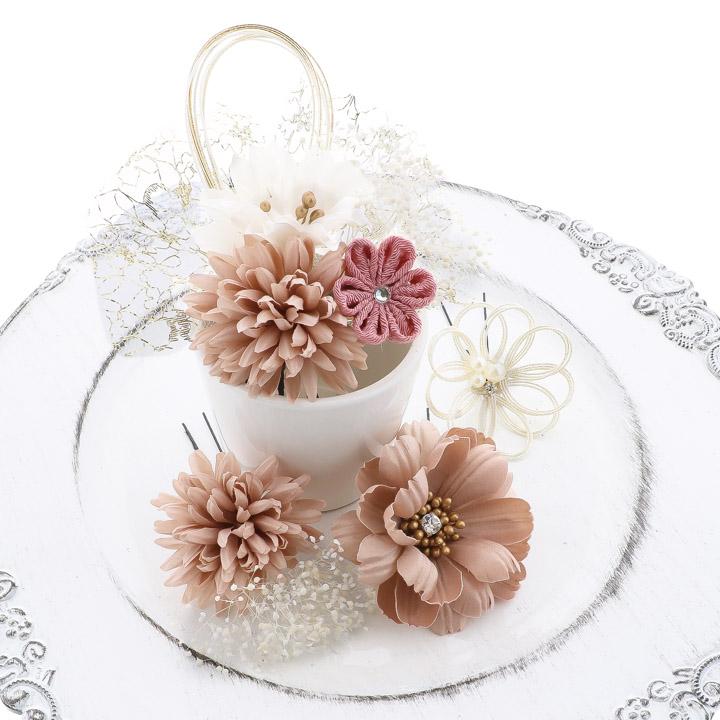 成人式 髪飾り Uピンの7点セット「ダークレッド・ダスティピンク