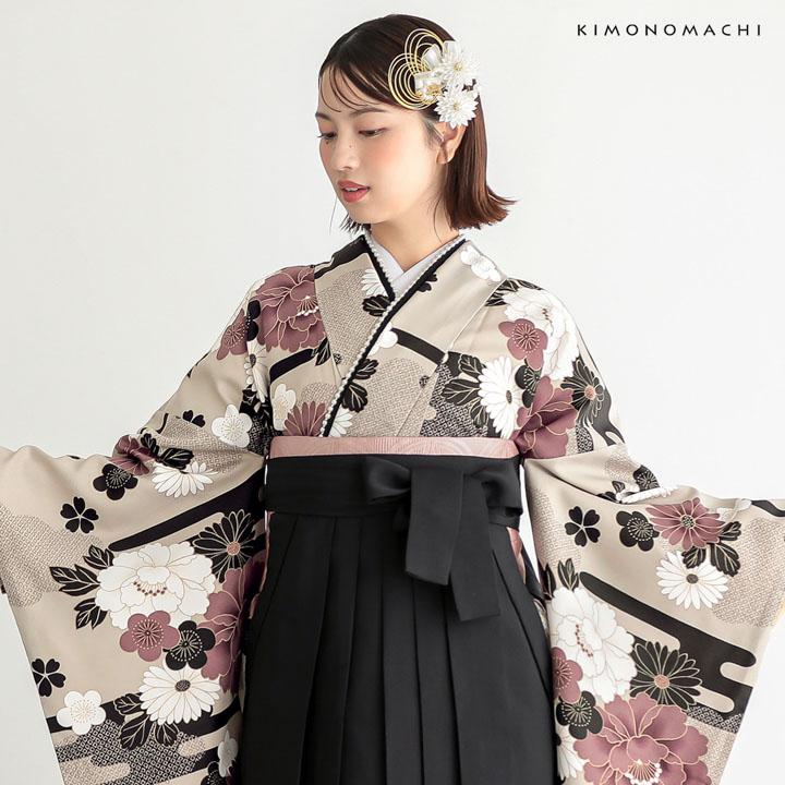 KIMONOMACHI 二尺袖着物 単品「雲に牡丹、花紋 利休白茶色