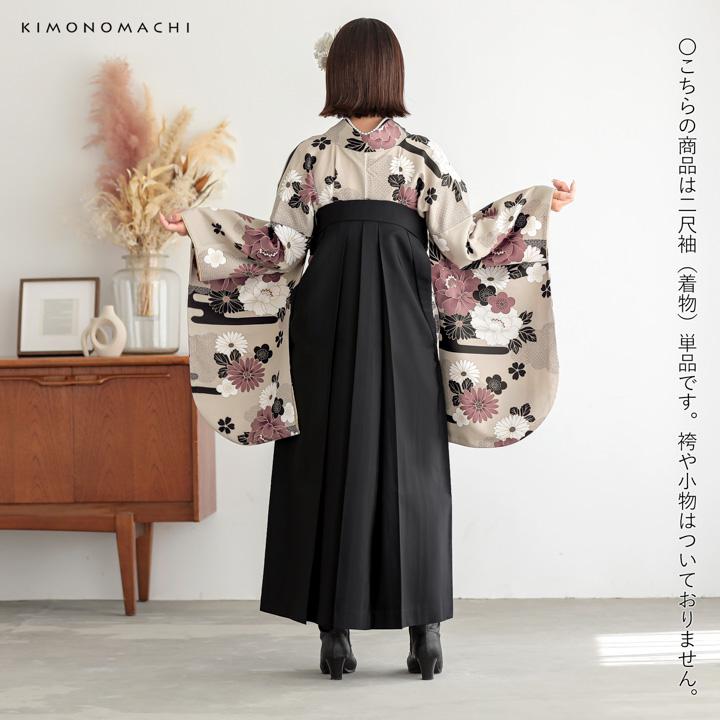 KIMONOMACHI 二尺袖着物 単品「雲に牡丹、花紋 利休白茶色