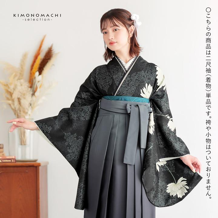 二尺袖着物 単品 半身変わり「スチールブラック アラベスク、月花」F