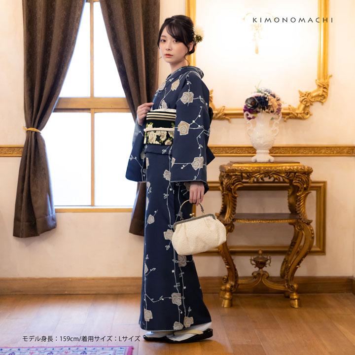 KIMONOMACHI 洗える着物 セット「袷着物：ばら 墨紺色＋京袋帯：黒