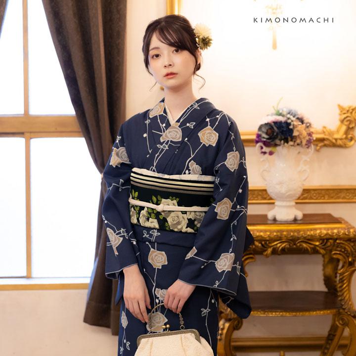 KIMONOMACHI 洗える着物 セット「袷着物：ばら 墨紺色＋京袋帯：黒